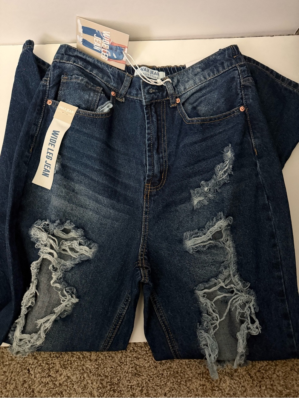 Wax Jean Dark Blue Distressed Wide Leg Jeans